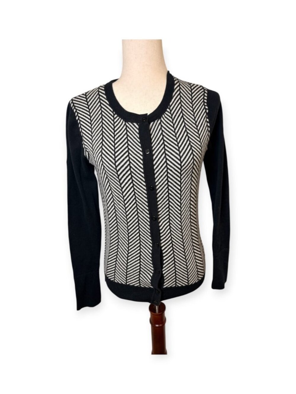 Merona Black White Herringbone Button Front Cardigan Sweater Size Small